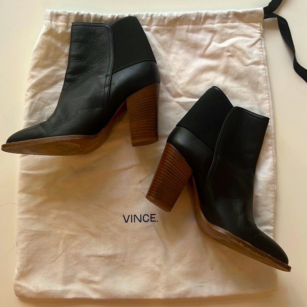VINCE black leather heeled slip on boots